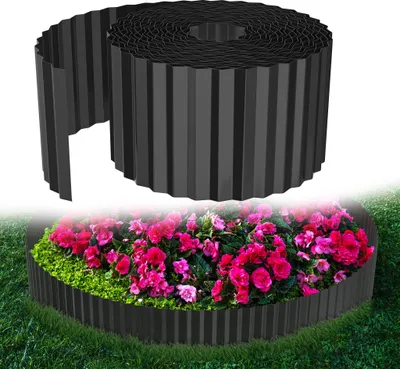 Image de LARS360 Bordure de pelouse flexible, 10m de long, 15cm de haut, bordure métallique ondulée Délimitation de jardin, bordure de tonte pour pelouse et parterre de fleurs, noir