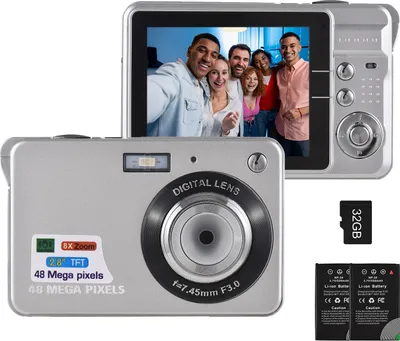 Obrázek produktu pro digitální fotoaparát 4K, videokamera, videokamera, 48 MP, 2,8" TFT displej, automatické ostření, 16x digitální zoom, funkce proti otřesům, detekce obličeje, nahrávání úsměvu, integrovaný blesk, se 2 bateriemi, 32 GB TF karta, festivalový vánoční dárek pro děti a mládež