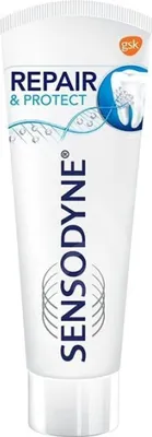 A tube of Sensodyne Repair & Protect toothpaste.