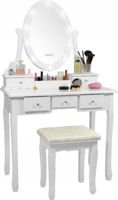 A white vanity table with a lighted mirror and a stool, set against a white background.