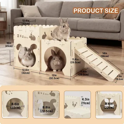 Imagen del producto de Casa de conejo de madera, grande, con recinto desmontable, para pequeños animales, con rampa