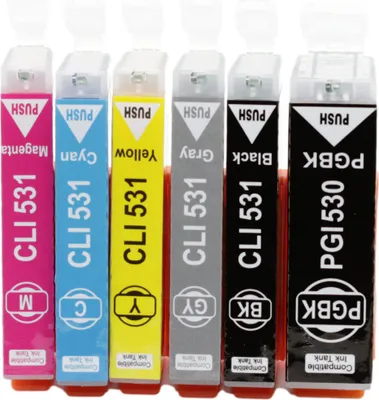 Six printer ink cartridges lined up in a row.