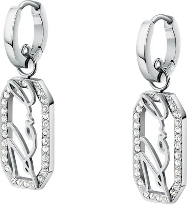 A pair of silver earrings with clear crystals, displayed against a white background.