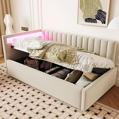 Imagen del producto de Sofa cama para niños, 90x200 cm, con cabecera LED, tapizado en terciopelo, color beige