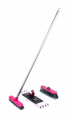 Produktbild von Bodenpflege-Set von Lifetime Clean mit Wischmopphalter, Wischmop, Besen, Schrubber und Metall-Stiel, 5-teilig, Farbe Pink