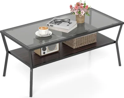 Produktbild von COSTWAY 2-stöckiger Couchtisch, Glastisch mit Ablage, Sofatisch mit Glasplatte & Metallrahmen, Kaffeetisch, Beistelltisch, 106,5 x 50,5 x 46,5 cm