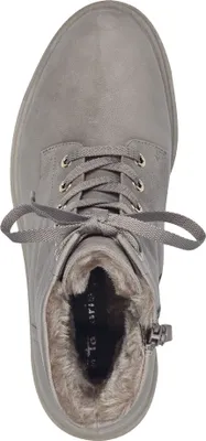 A top-down view of a gray women's boot.