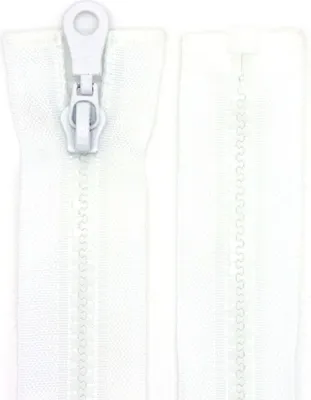 A white zipper is shown laid out flat, with one side closed and the other side open, displaying the teeth.