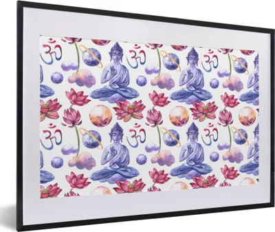 Produktbild von MuchoWow® MuchoWow® Gerahmtes Poster Buddha - Muster - Weiß 60x40 cm - Poster mit zchwarzem Bilderrahmen - Schlafzimmer - Plakat in Rahmen - Drucken