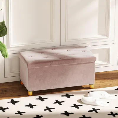 Produktbild von Aufbewahrungsbank mit 67 L Stauraum, 76x38x38 cm, Samtoptik, Rosa, gepolsterter Deckel