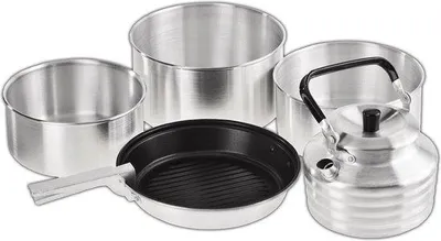 Image de Set de cuisine de camping - Set de cuisine d'extérieur en aluminium pour campeurs - 3 casseroles et 1 poêle - Avec réchaud et poignée de cuisine de camping