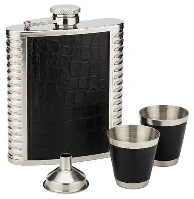 Edelstahl-Hüftflasche mit 2 Gläsern und Trichter, schwarz