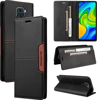 Obrázek produktu pro Pouzdro pro Xiaomi Redmi Note 9, kožené flipové peněženkové pouzdro s přihrádkou na karty a stojánkem Černý