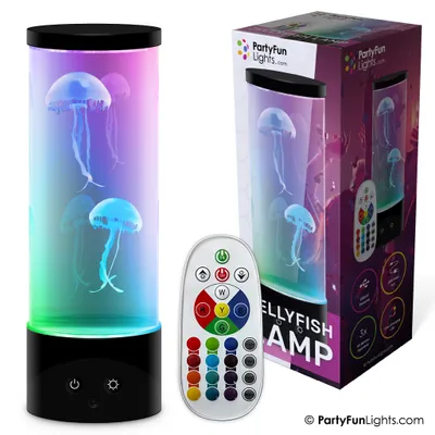 Obrázok produktu pre Akváriová lampa PartyFunLights s 2 plávajúcimi medúzami, blikajúcimi svetelnými efektmi, diaľkovým ovládaním, prevádzka na batérie 3x AA (lampa) a 2x AAA (diaľkové ovládanie) (nie sú súčasťou balenia) alebo prevádzka na kábel USB (je súčasťou balenia)