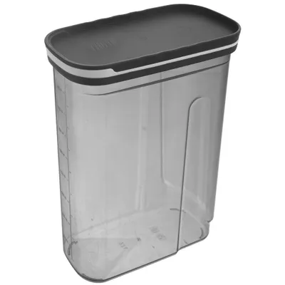 A transparent gray food storage container with a dark gray lid.