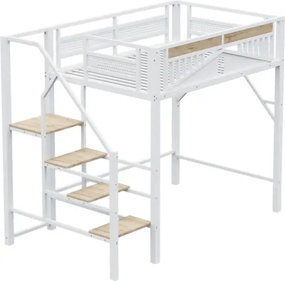 Produktbild von Metall-Hochbett(140 x 200cm,Weiß)Einzigartige Gehäuseform mit Fensterdesign, Mit Sicherheitsleiter, Viel Stauraum Unter Dem Bett