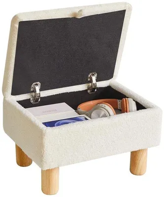 Imagen del producto de Unyqoos®: Reposapiés rectangular con espacio de almacenamiento oculto, suave revestimiento de felpa, patas de madera resistentes con base antideslizante, y versátil como taburete (capacidad de hasta 100 kg)
