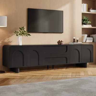 Produktbild von MODFU TV-Lowboard mit Türen und Schubladen, Moderner TV-Schrank 180 x 40 x 46 cm,TV-Regal mit Bogenfront und abgerundeten Kanten, Fernsehtisch mit Kabelmanagement,Schwarz