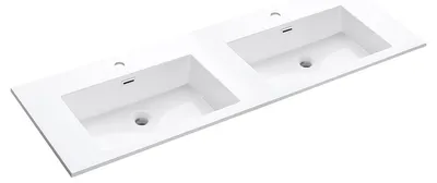 Productafbeelding van Differnz Industrial Wastafel - 140 x 46 cm - Polybeton - Dubbele Wastafel met 2 Kraangaten en Overloop - Krasbestendig en Eenvoudig Schoon te Maken - Strakke Vormgeving - Wit