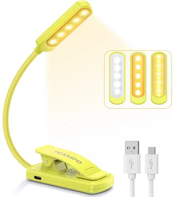 Produktbild von TEAMPD Leselampe Buch Klemme, Buchlampe mit 10 LEDs, 3 Farbtemperatur Modi, Stufenlose Helligkeit Augenschutz Klemmlampe, USB Wiederaufladbare Klemmleuchte,360° Flexibel für Nachtlesen ins Bett,Jaune