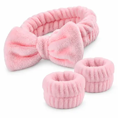 Produktbild von Kosmetik Haarband mit Schleife & 2 Handgelenkbänder – Plüsch Stirnband zum Schminken, Abschminken & Gesicht Waschen, Spa Set – Rosa