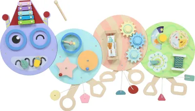 Produktbild von 7-in-1 Wandspielzeug, Xylophon, Zahnräder, Raupen-Design, MDF, 108 cm, Bunt