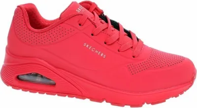 A red Skechers sneaker is shown from the side against a white background.