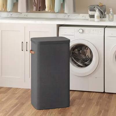 Produktbild von SONGMICS Wäschekorb, 100 L Wäschesammler, Wäschetonne, leichter Aufbau, mit Deckel und Griffen, herausnehmbarer Wäschesack, 42 x 32 x 75 cm, tintensch