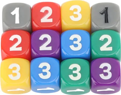 Produktbild von 12 Stück sechsseitige Würfel mit abgerundeten Ecken aus Kunststoff, farbig für den Mathe-Zählunterricht