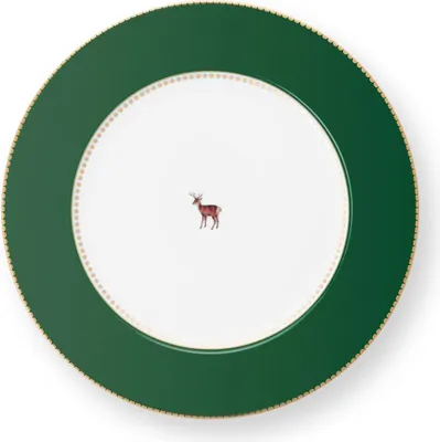 A single plate with a green rim and a white center featuring a small illustration of a deer.