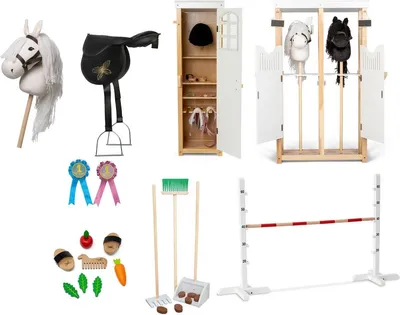 Immagine prodotto di Da Astrup lussuoso cavallo da tiro in bianco con set da gioco molto completo - stalla - ostacolo - armadio - set da toelettatura - concimaia - rosette