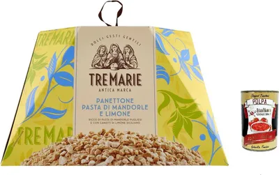 Produktbild von Tre Marie Panettone Pasta di Mandorle e Limone 850 g – italienischer Weihnachtskuchen mit Mandelpaste & sizilianischen Zitronatstückchen – elegante Geschenkverpackung + Italian Gourmet polpa 400g