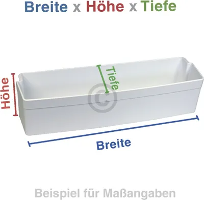 A diagram showing the dimensions of a white plastic storage bin for a refrigerator door.