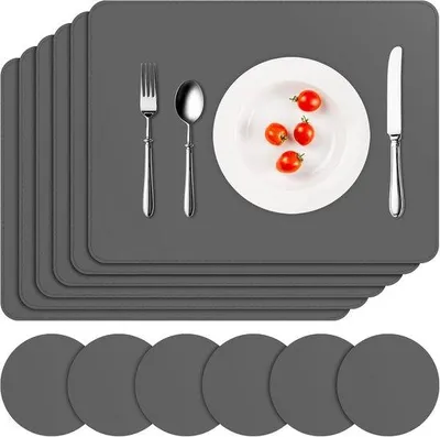 Produktbild von Famanu Tischsets Set aus 6 Platzsets und Untersetzern aus PVC, rutschfest, wasserfest, hitzebeständig, 41 x 31 cm, dunkelgrau