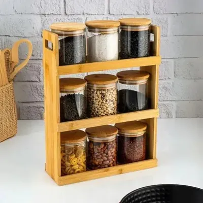 Image de Étagère à épices bambou 3 niveaux, 9 pots en verre, 27 x 37 cm