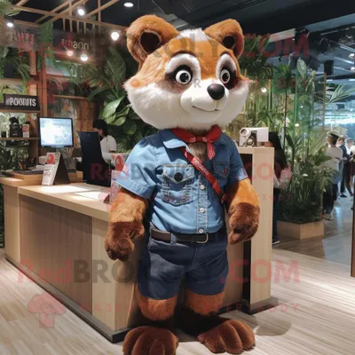 Immagine prodotto di Personaggio del costume della mascotte REDBROKOLY del panda rosso marrone vestito con pantaloncini di jeans e gemelli