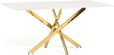A rectangular table with a white marble-look top and a gold criss-cross metal base, presented against a white background.
