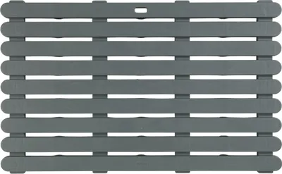 A gray slatted bath mat is shown from a top-down perspective against a white background.