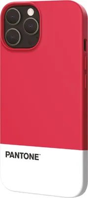 A red and white iPhone case with the Pantone logo.