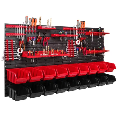 Obrázok produktu pre 18 stohovacích boxov Nástenné držiaky nástrojov Nástenná polica Dielenská polica Nástenný držiak nástrojov 156x78cm Systém skladovania nástrojov Hromadný skladovací regál Vizuálne skladovacie boxy Extra silné nástenné panely Polička Rozšíriteľná dielenská polica Skladovanie Re