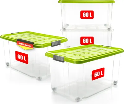 Produktbild von BigDean 4 Stück 60 L Aufbewahrungsbox mit Deckel groß limegrün - stapelbare robuste Box BPA-frei - rollbare Stapelbox  -  Germany