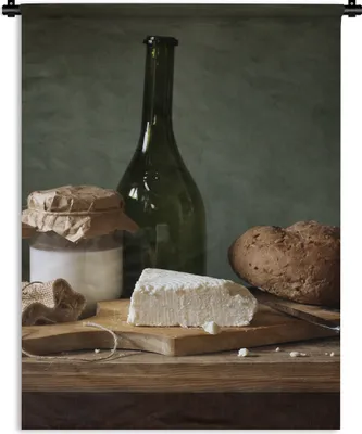 Produktbild von MuchoWow® Wandteppich Wandbehang Rustikal - Brie - Stillleben - Flasche - Brot 150x200 cm Tapisserie Dekoration Wandtuch - Wandaufhängung - Moderner