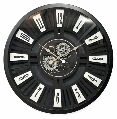 Produktbild von Schwarze Metall Wanduhr Zahnrad Glas Ziffern Modern Loft Designer Wanduhr Uhr