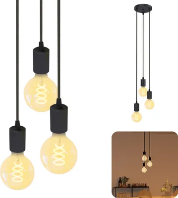 Produktbild von SSC-LUXon PARU Hängeleuchte 3-flammig Retro - Industrial Style Pendellampe mit Textilkabel inkl. Globe E27 Filament LED Leuchtmittel