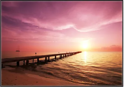 Produktbild von Wallario Wandbild Auf dem Weg zur Sonne  Steg am Meer, Größe: 70,30 x 100,30 cm, Poster mit schwarzem Aluminiumrahmen