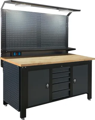 Produktbild von Werkstattwand Profiline XL 200 x 73 cm Stahl massive Holzarbeitsplatte LED Steckdosen Lochwand