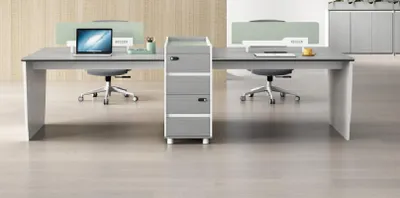 Zdjęcie produktu dla Szare biurko z szufladami, ukrytą przestrzenią do przechowywania, 280 x 120 x 105 cm