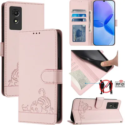 Produktbild von Leder Hülle für TCL 501 Süße Katze Flip Case Brieftasche Schutzhülle mit Standfunktion Pink