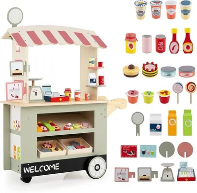 Imagen del producto de Tienda de juegos para niños, con 2 estantes, toldo y 30 accesorios. Tienda de madera con 3 ruedas, asa deslizante. Supermercado para juegos de roles, ideal para niños a partir de 3 años (verde)