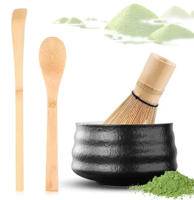 Obrázok produktu pre Sada Matcha Besen pozostávajúca zo 4 kusov, vrátane 2 lyžičiek a keramického držiaka
